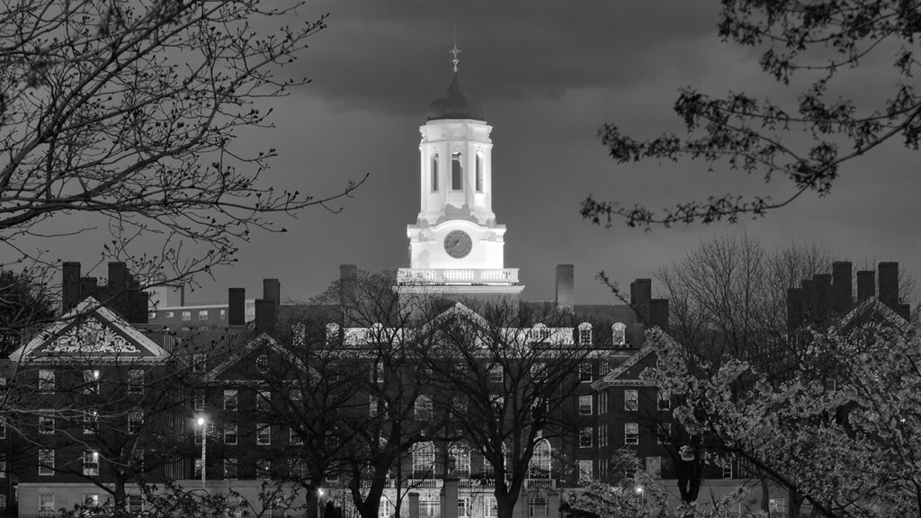 black and white image of harvard's tower